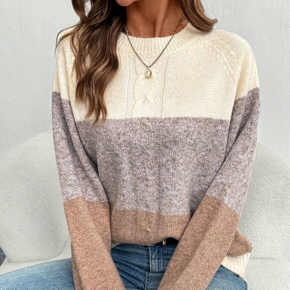 Apricot Casual Women's Loose Knit Pullover with Contrasting Cable Design - Picture 6 of 7